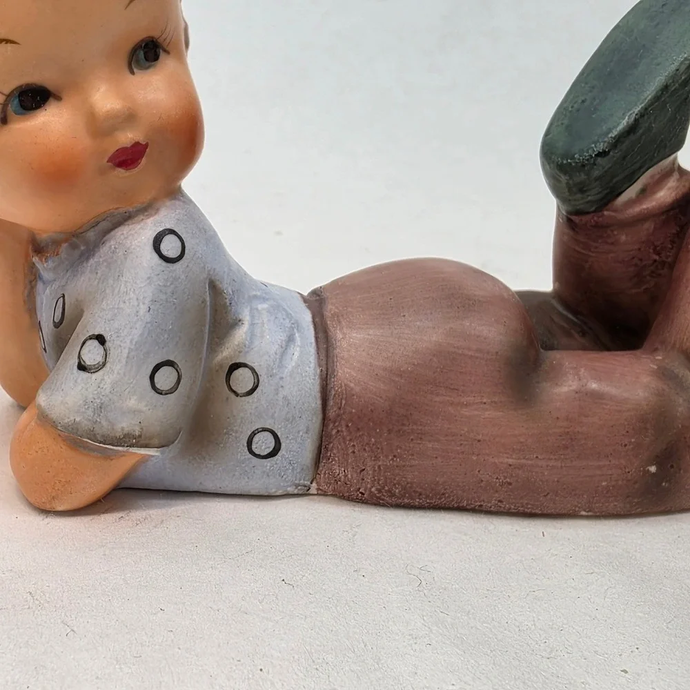 Vintage Boy Figurine Lying Down on Stomach MCM Piano Baby Nursery Decor
